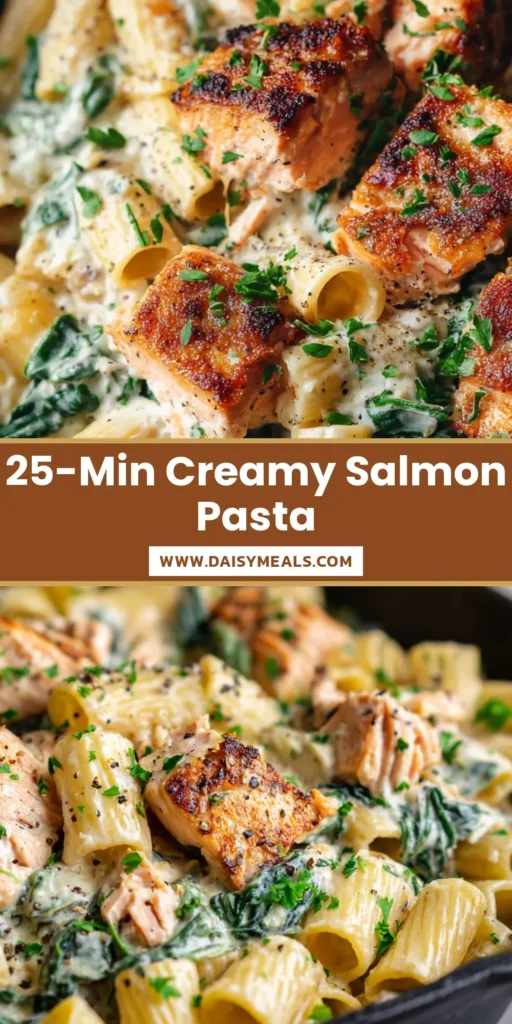 Creamy Salmon Spinach Pasta: The Ultimate Skillet Dinner 4 A dark cast iron skillet filled with creamy salmon spinach pasta featuring a thick ivory cream sauce and fresh parsley garnish.