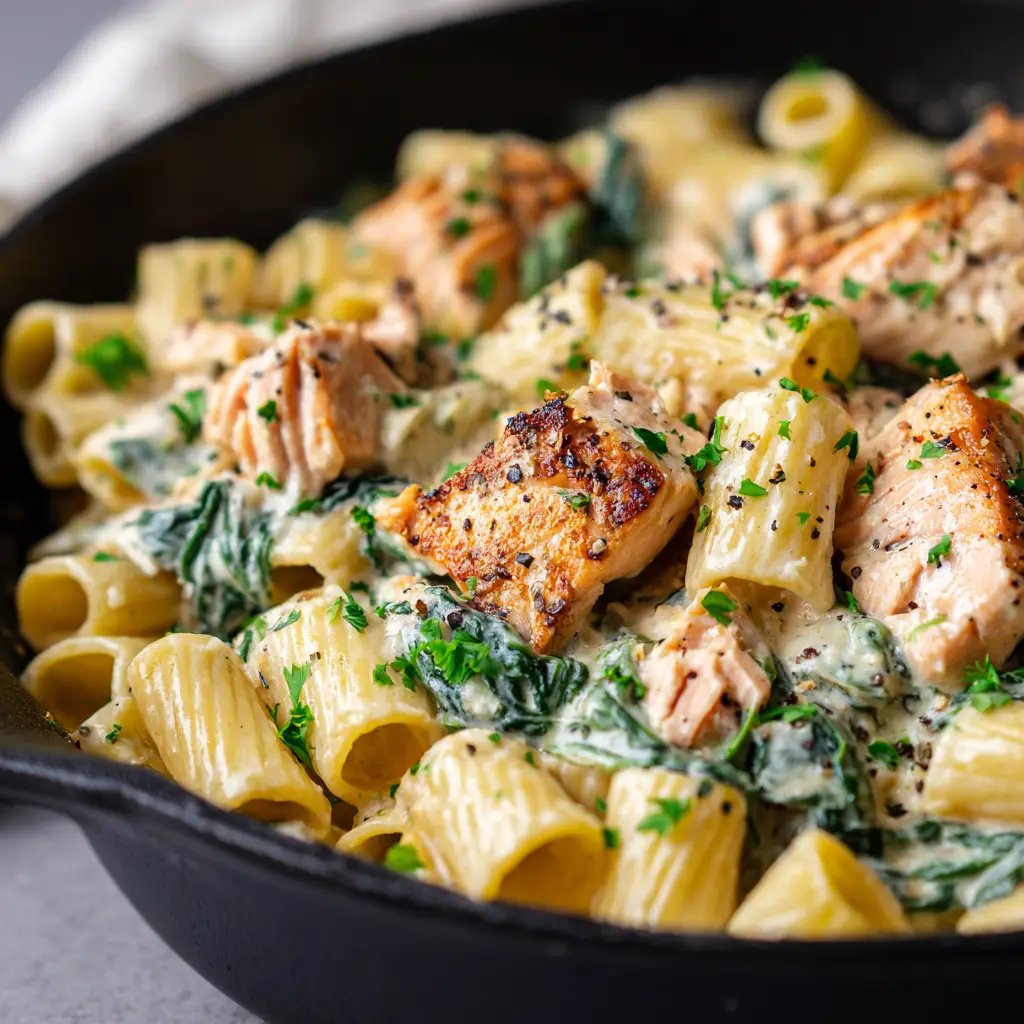 Creamy Salmon Spinach Pasta: The Ultimate Skillet Dinner 2 Close up shot of creamy salmon spinach pasta with rigatoni, wilted spinach, and golden-brown pan-seared salmon chunks.