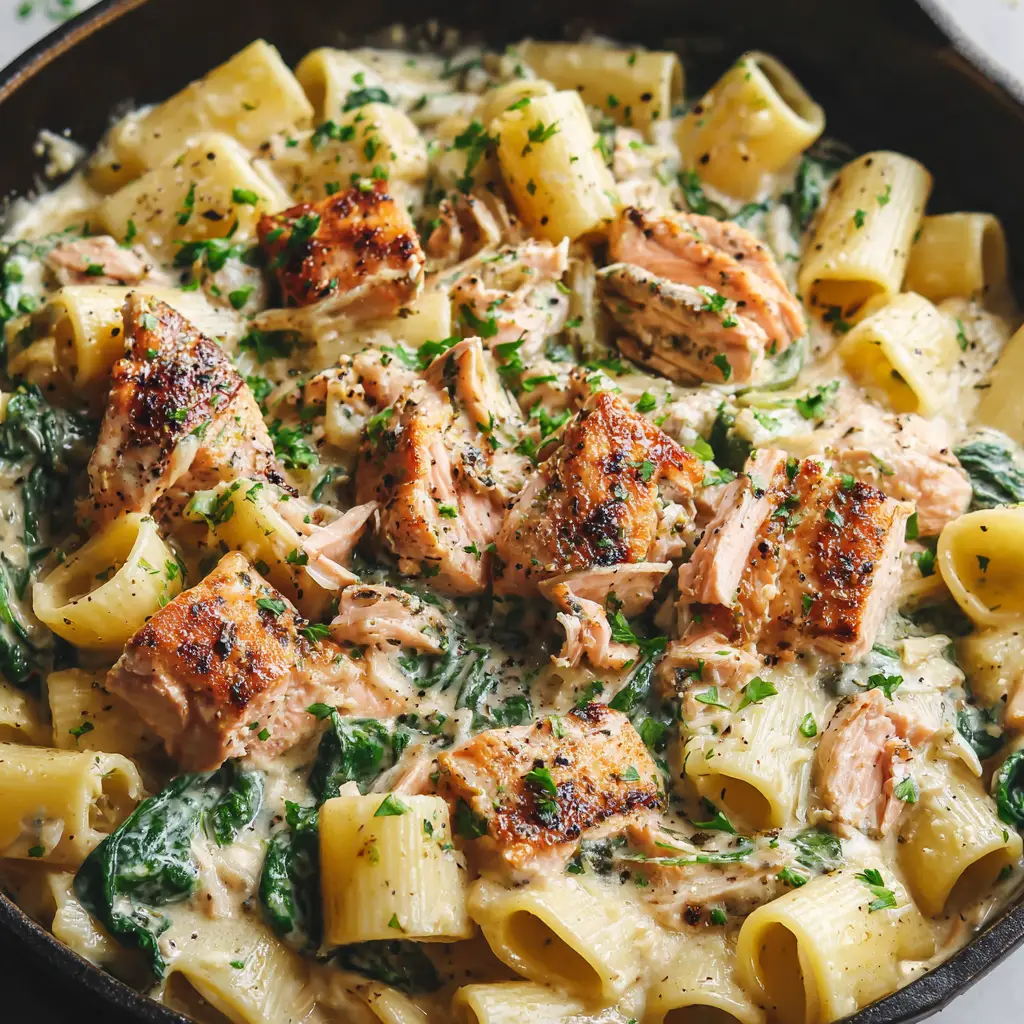 Creamy Salmon Spinach Pasta: The Ultimate Skillet Dinner 1 Garnishing the creamy salmon spinach pasta with coarse black pepper and minced fresh green parsley.