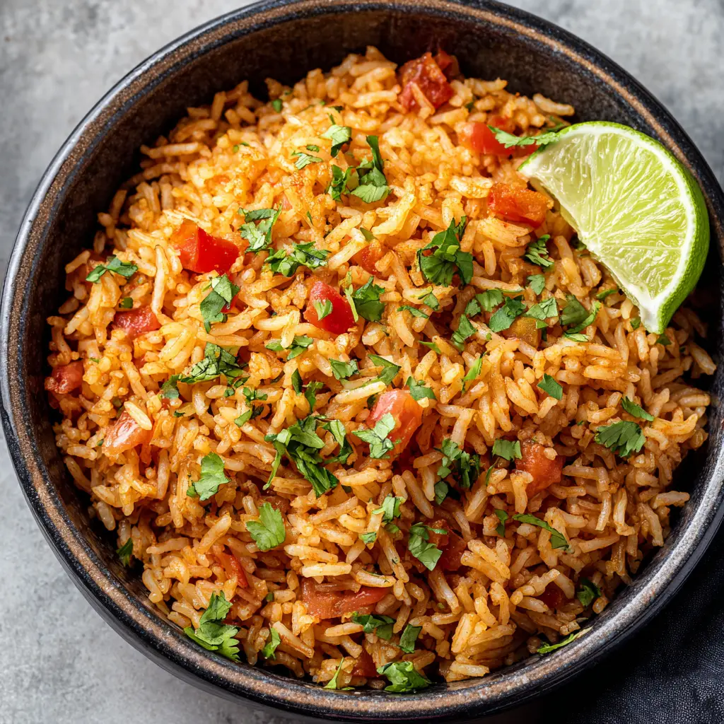 Mixed throughout the toasted rice are small chunks of soft, cooked diced red tomatoes and tiny flecks of translucent minced white onion.