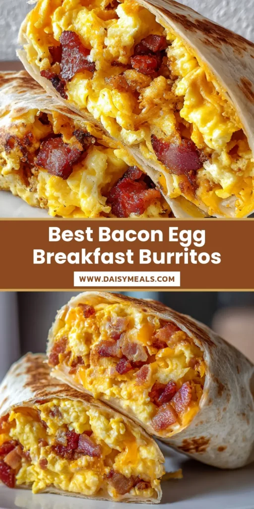 A halved Bacon and Egg Breakfast Burrito showing fluffy yellow soft-scrambled eggs, crispy bacon chunks, and melted orange cheddar cheese wrapped in a toasted flour tortilla.