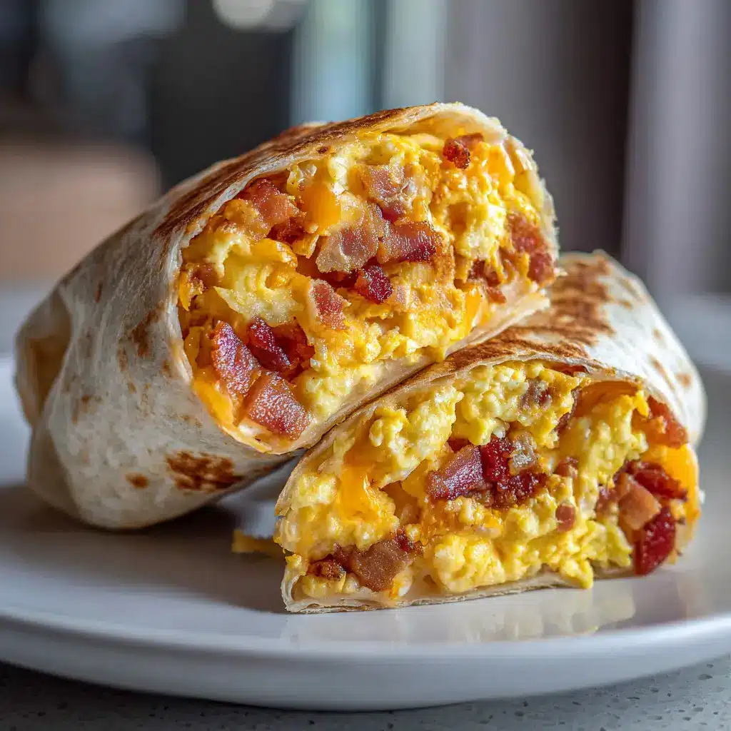 A fresh Bacon and Egg Breakfast Burrito sliced in half resting on a crisp white ceramic plate, exposing a dense filling of fluffy eggs, crispy bacon, and gooey cheddar cheese.