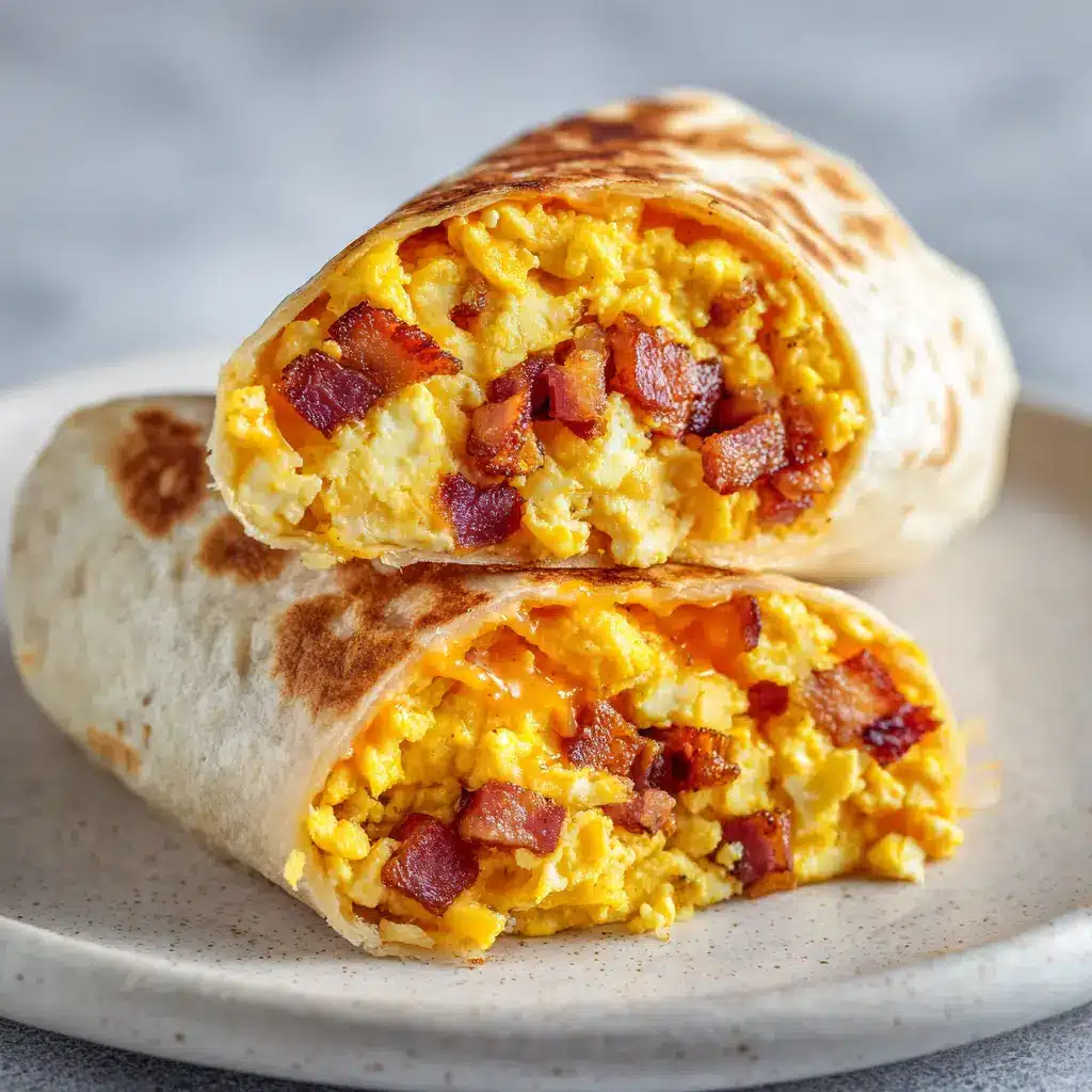 Close up of the dense filling of bright yellow soft-scrambled eggs and reddish-brown crispy cooked bacon inside a lightly golden-brown toasted flour tortilla.
