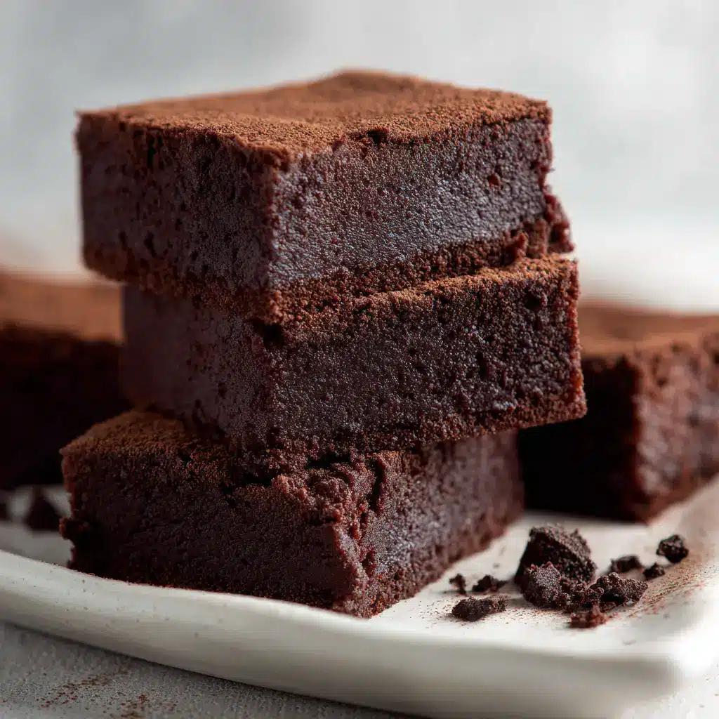 Close up of 3 ingredient banana brownies showing a thick, fudge-like center and a smooth matte baked top.
