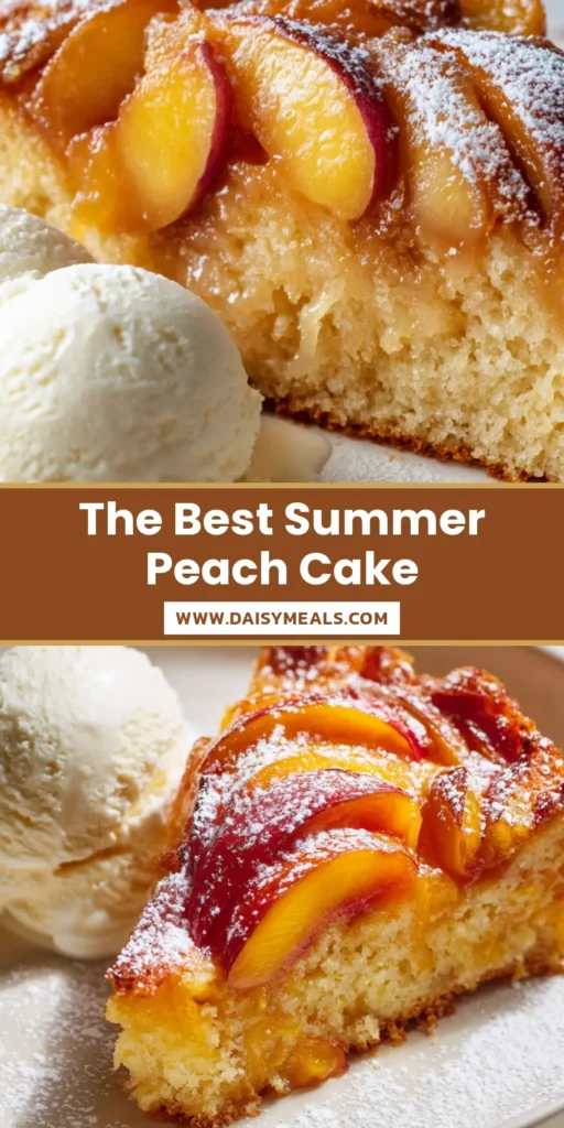 A tall slice of Peach Cake featuring caramelized peaches on a soft sponge base, served with vanilla bean ice cream.