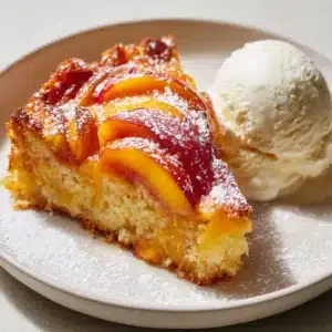 A close-up of a slice of moist, golden-brown baked Peach Cake topped with overlapping soft caramelized peaches, dusted with powdered sugar.