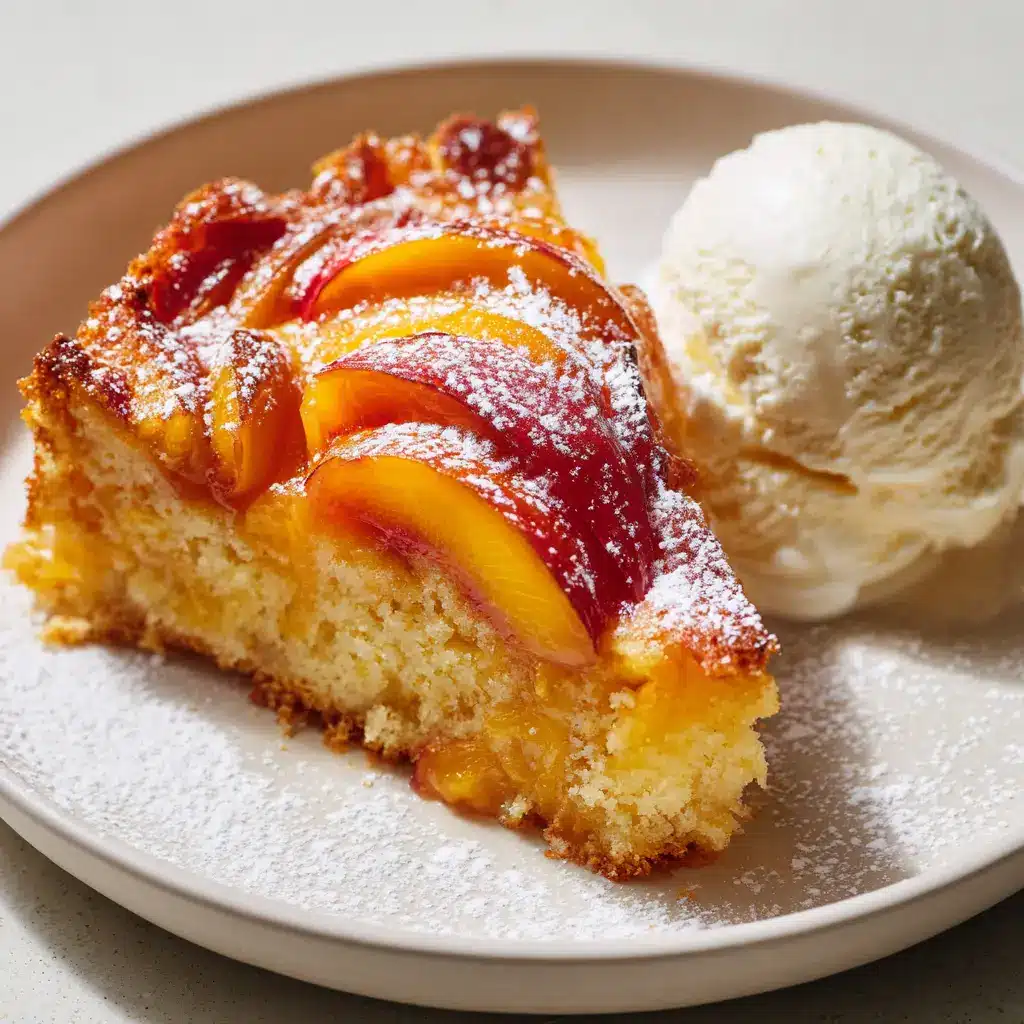 A close-up of a slice of moist, golden-brown baked Peach Cake topped with overlapping soft caramelized peaches, dusted with powdered sugar.