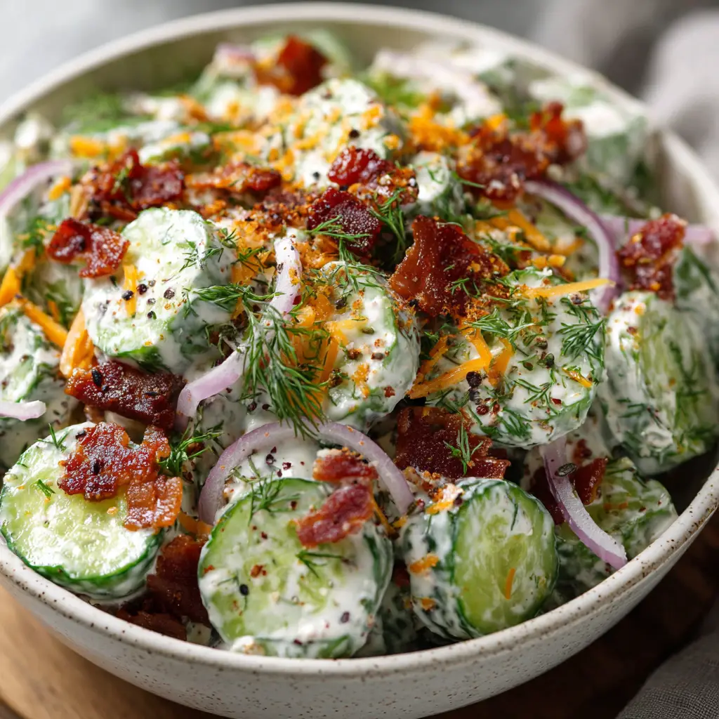 Overhead shot of Cucumber Ranch Crack Salad showing thin strands of cheddar cheese, sliced red onions, and coarse black pepper flakes.