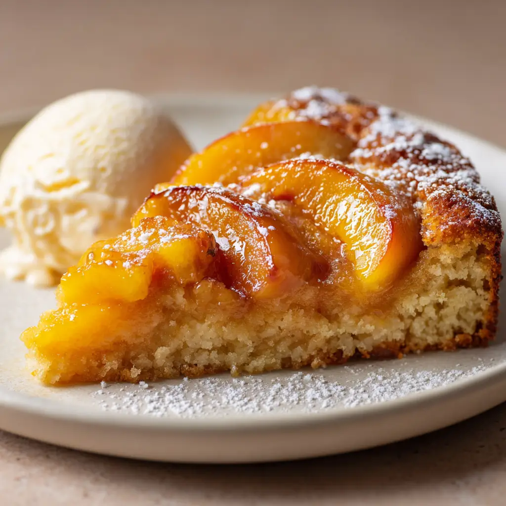 A slice of warm Peach Cake on a plain white ceramic dessert plate with a scoop of melting creamy vanilla bean ice cream.