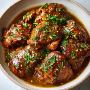 Overhead shot of slow-cooked boneless chicken thighs in a rustic white ceramic bowl, coated in glossy brown gravy.