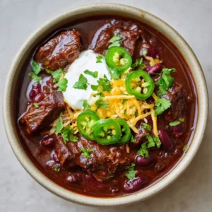 Top-down view of Slow Cooker Texas Chili in a rustic bowl garnished with white sour cream, yellow cheddar, and green jalapeños.