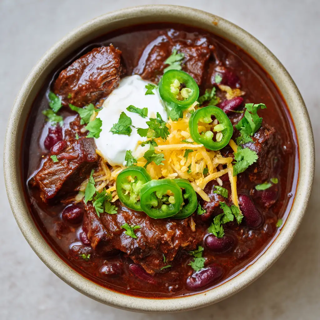Top-down view of Slow Cooker Texas Chili in a rustic bowl garnished with white sour cream, yellow cheddar, and green jalapeños.