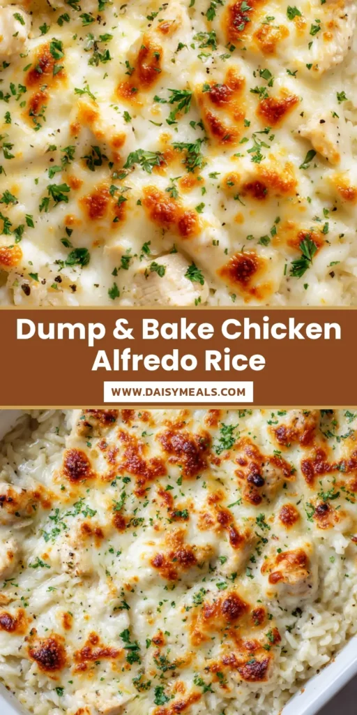 A top-down view of a baked chicken alfredo rice casserole with melted mozzarella, golden baked spots, and parsley garnish in a white dish. (Dump-and-Bake Chicken Alfredo Rice Casserole)