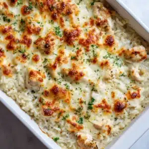 Close-up of tender white rice bound in thick creamy alfredo sauce with cooked chicken chunks. (Dump-and-Bake Chicken Alfredo Rice Casserole)