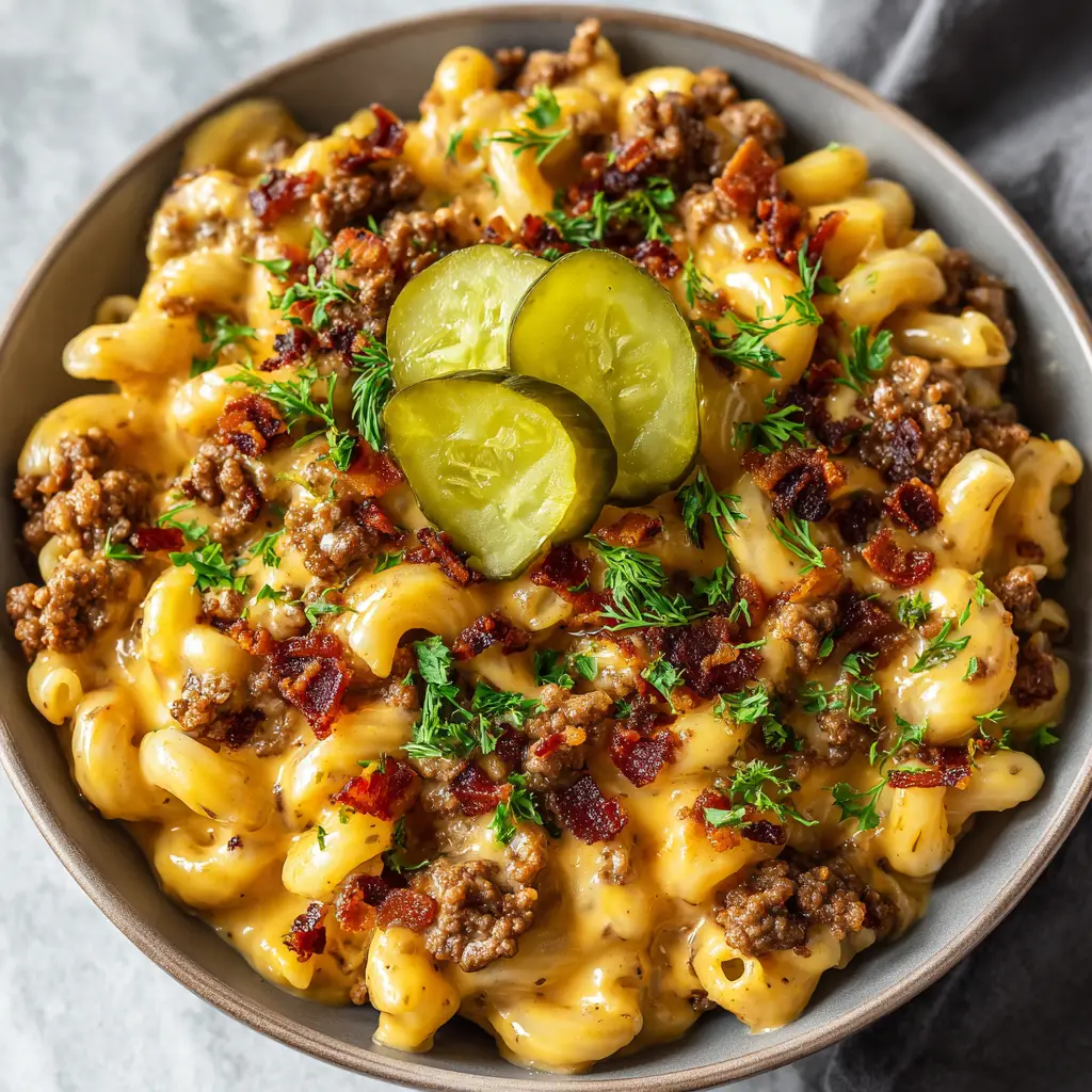 A detailed shot of bacon cheeseburger pasta, highlighting the crispy bacon bits, crinkle-cut pickles, and fresh parsley garnish.