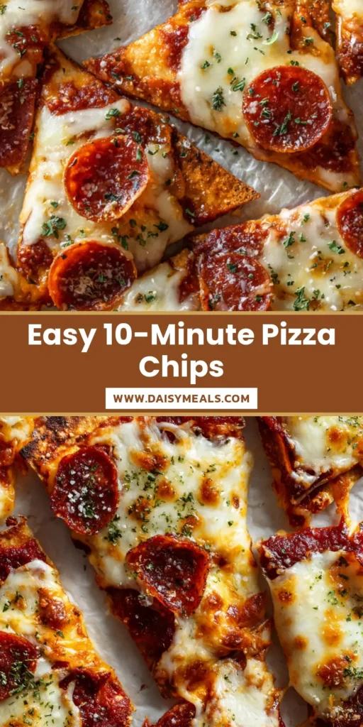 A shareable pin image showing a batch of freshly baked Crispy Pizza Chips on parchment paper, highlighting the melted cheese and pepperoni.