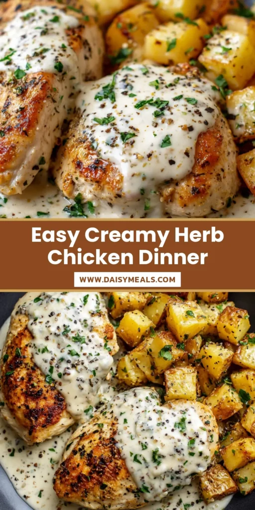 An overhead shot of Creamy Herb Chicken on a matte black plate. A seared chicken breast is covered in a thick white cream sauce with herbs, next to crispy roasted potato cubes.