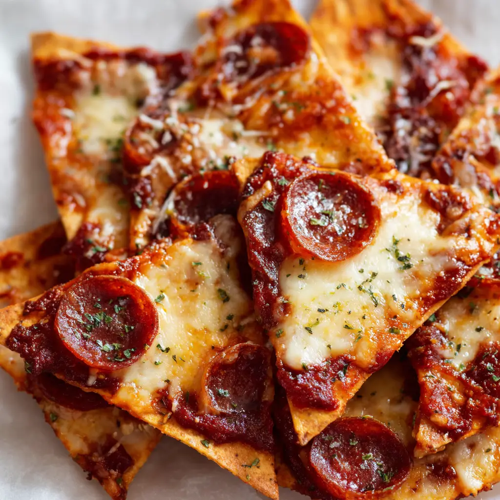 An angled shot of a pile of Crispy Pizza Chips on white parchment paper, showing the texture of the golden-brown pita base and the gooey melted cheese.