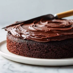 Close-up of a moist dark crumb chocolate sponge cake topped with a rich, silky smooth Chocolate Cake Filling.