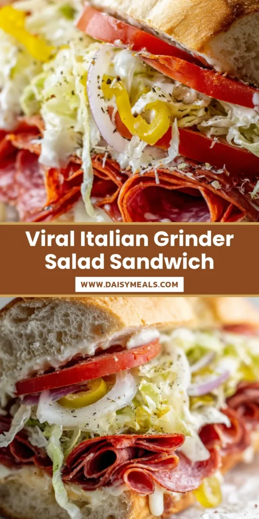 A close-up overhead shot of a halved Italian Grinder Salad Sandwich resting on white parchment paper, ready to be shared. (Italian Grinder Salad Sandwich)