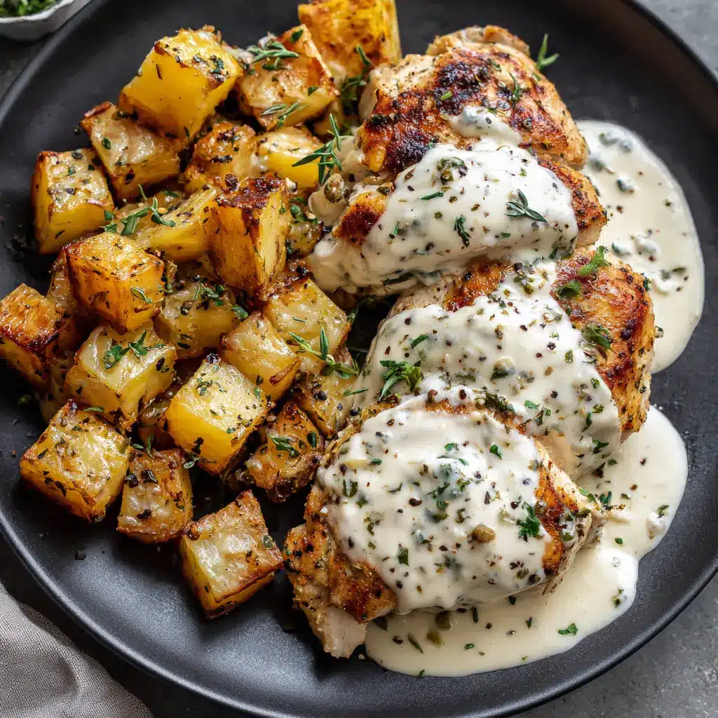 A close-up of the Creamy Herb Chicken, showing the velvety texture of the white sauce speckled with fresh parsley and thyme over a golden-brown chicken breast.