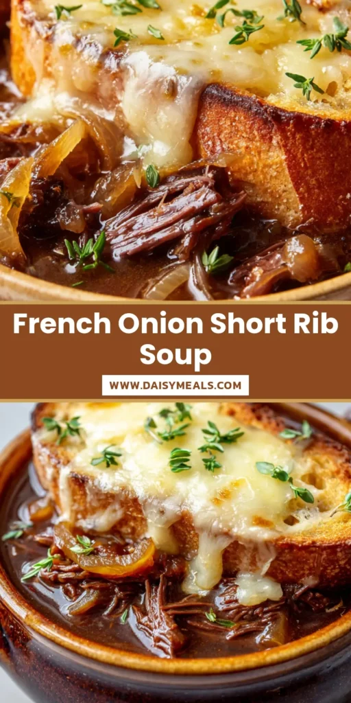 A close-up, top-down shot of a crock of French Onion Beef Short Rib Soup. The soup is topped with a thick slice of bread covered in bubbly, blistered Gruyere cheese and garnished with fresh thyme leaves.