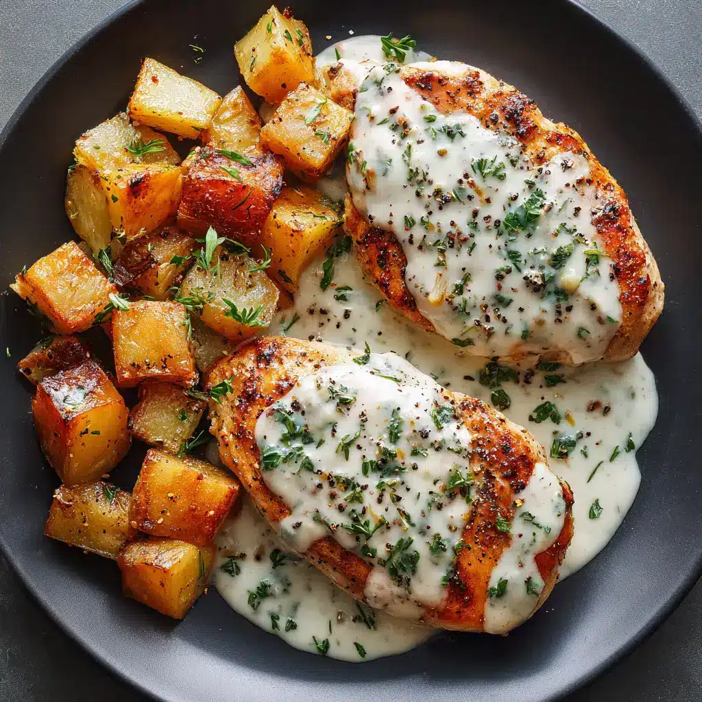 The final plated Creamy Herb Chicken with a side of crispy, cubed roasted potatoes with charred golden edges on a modern matte black plate.