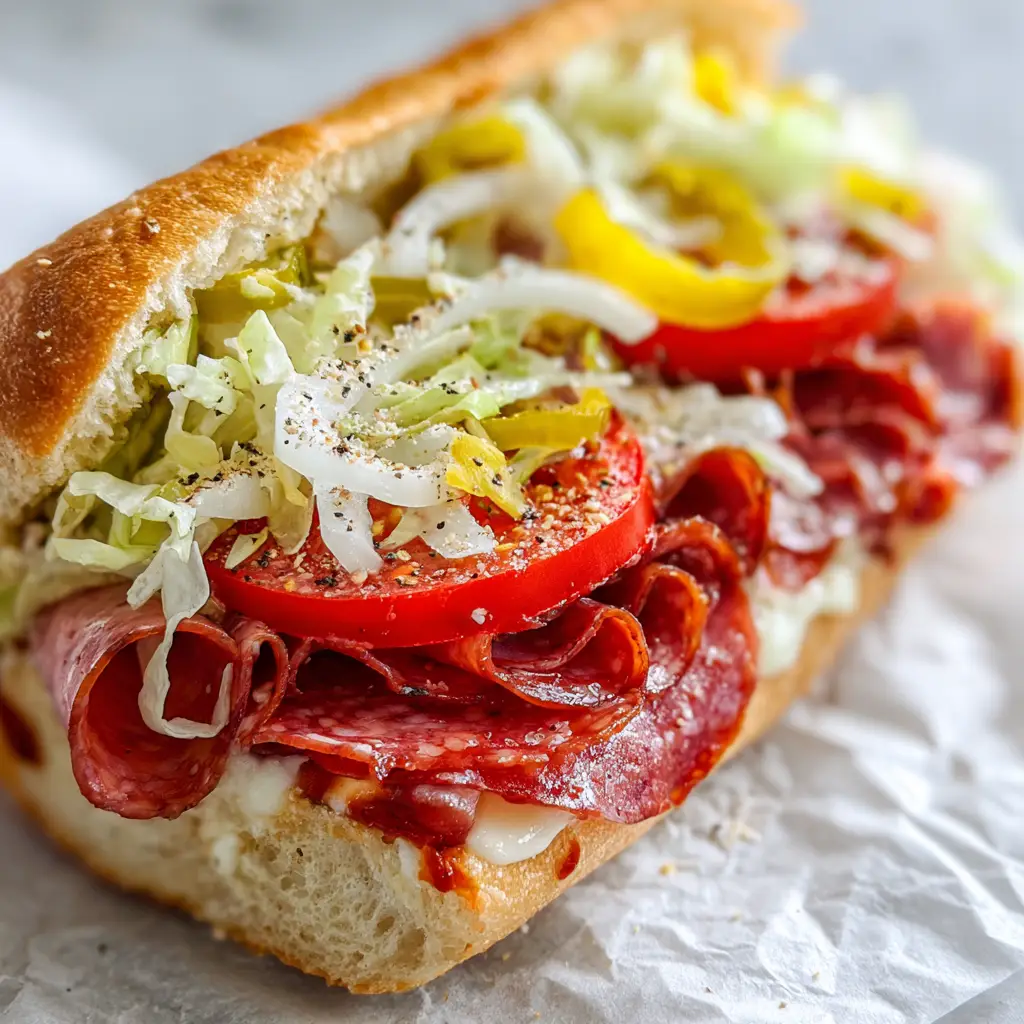 A detailed close-up of the Italian Grinder Salad Sandwich, showing the layers of salami, turkey, and melted provolone under a mound of creamy lettuce salad. (Italian Grinder Salad Sandwich)