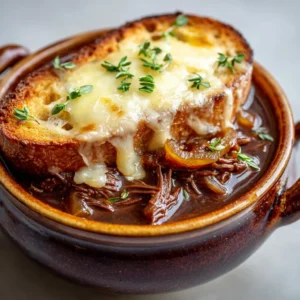 A close-up view of a ceramic soup bowl filled with French Onion Beef Short Rib Soup. You can see the deep brown broth, shredded beef, and caramelized onions beneath a thick crust of melted golden-brown Gruyere cheese.