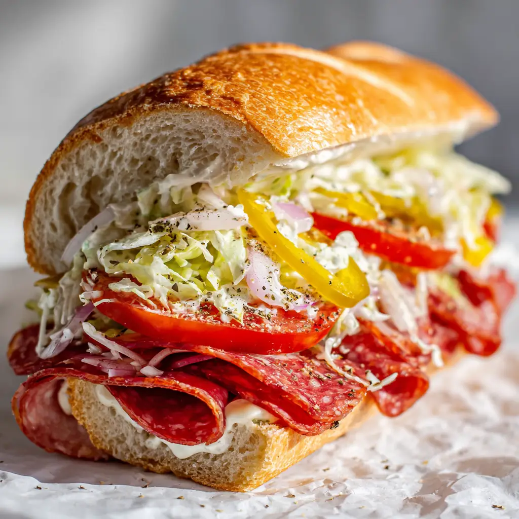 A halved Italian Grinder Salad Sandwich from a high angle, highlighting the creamy oregano dressing on the shredded iceberg lettuce and tomatoes.