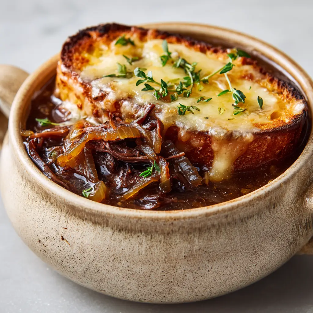 An enticing shot of a spoonful of French Onion Beef Short Rib Soup being lifted from the bowl, showing the cheese pull from the blistered Gruyere topping.