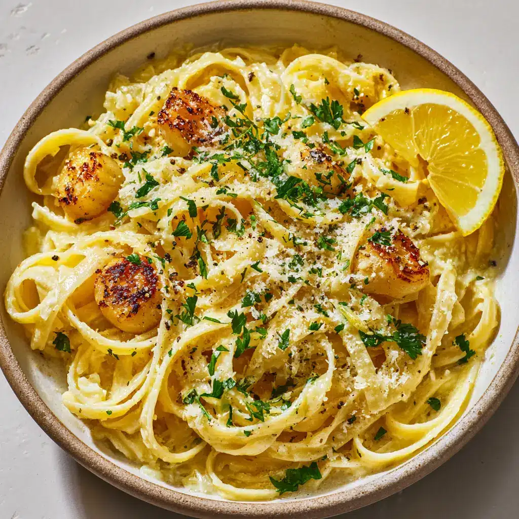 A side view of fettuccine coated in a light creamy-yellow sauce, with whole roasted garlic cloves and fresh parsley.