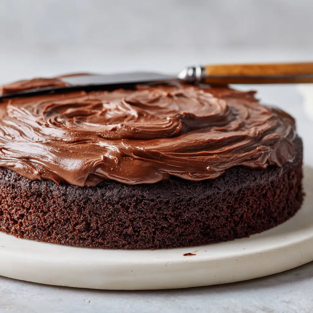 A silver offset spatula resting on a thick, glossy layer of deep brown Chocolate Cake Filling presented on a minimalist white ceramic plate.