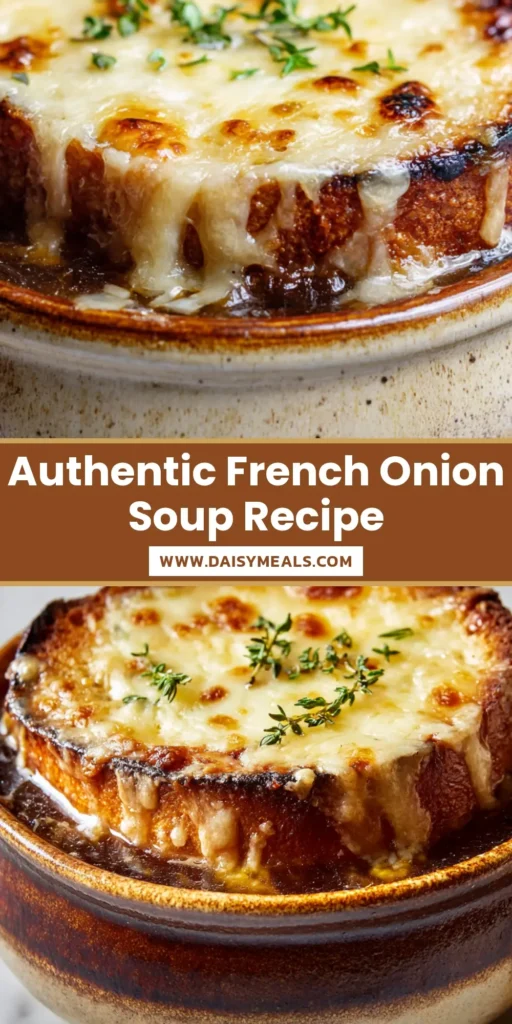 A close-up of a rustic ceramic bowl of French Onion Soup. A thick layer of golden-brown, bubbly Gruyere cheese with charred edges covers the top, garnished with fresh thyme.