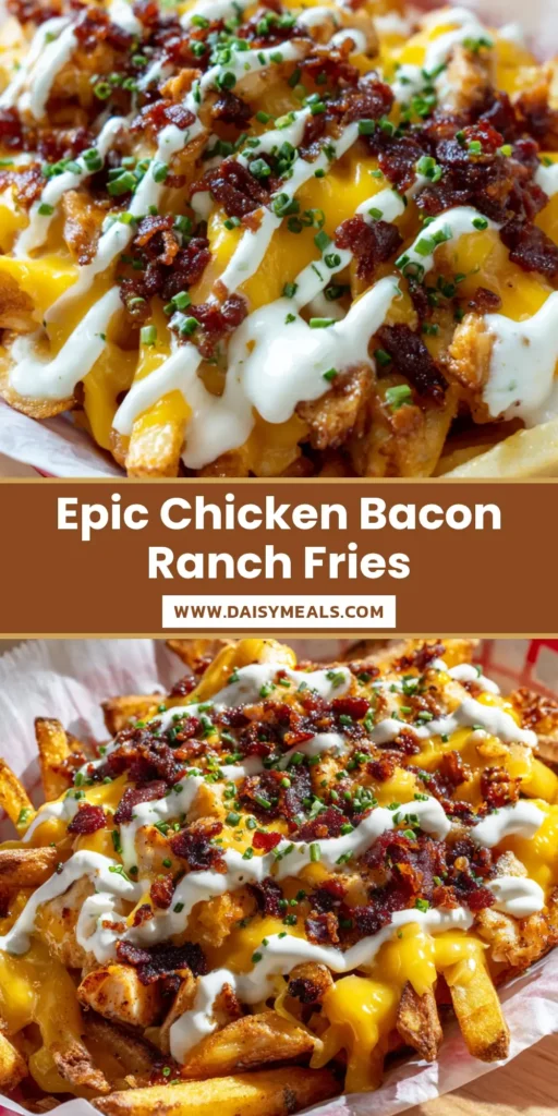 A heaping serving of Chicken Bacon Ranch Fries in a checkered basket. The fries are golden and topped with melted cheese, chicken, bacon, a zigzag of ranch dressing, and chopped chives.