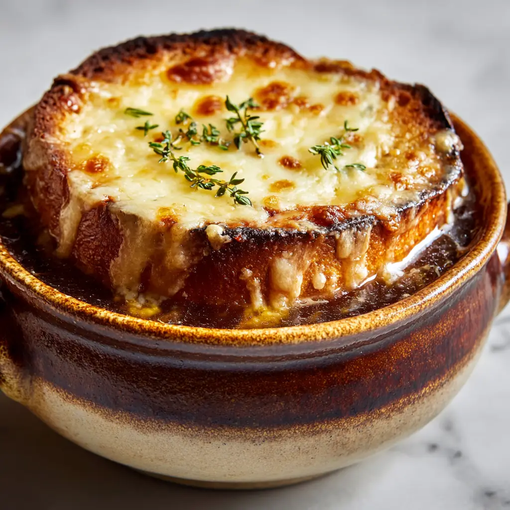 Side view of a bowl of French Onion Soup, with melted cheese overflowing the rim and a garnish of fresh thyme.