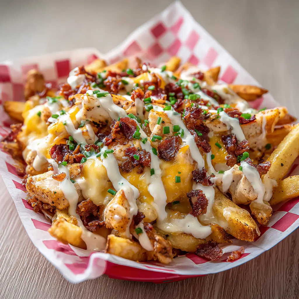 A detailed shot of the toppings on the Chicken Bacon Ranch Fries, showing the crispy crumbled bacon, seared chicken cubes, and fresh green chives over the ranch drizzle.