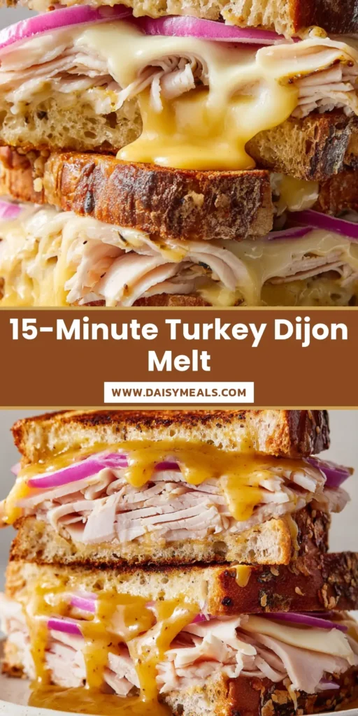 A perfectly crafted Turkey Dijon Melt sandwich, sliced in half and stacked on a rustic plate. Features gooey melted cheese, warm turkey, and a glossy mustard sauce.