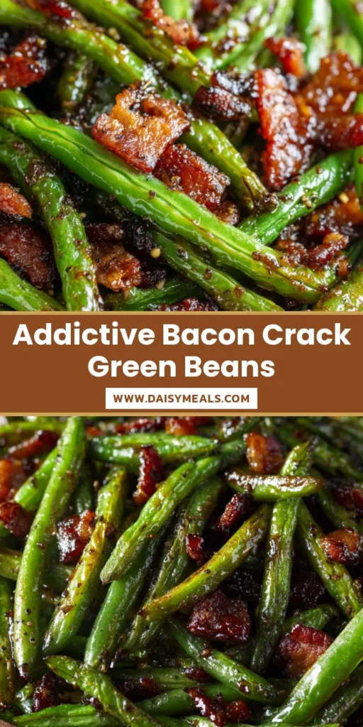 A rustic serving dish filled with tender-crisp Crack Green Beans coated in a glossy dark brown glaze, tossed with crispy cooked bacon and coarse black pepper.