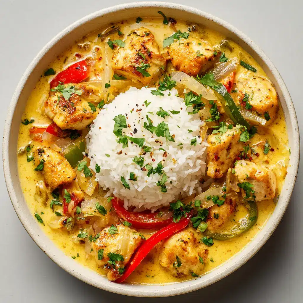 A detailed overhead view of a rustic ceramic bowl filled with creamy Brazilian Coconut Chicken. The vibrant yellow-orange coconut sauce beautifully coats the pan-seared chicken, red and green peppers, and onions.