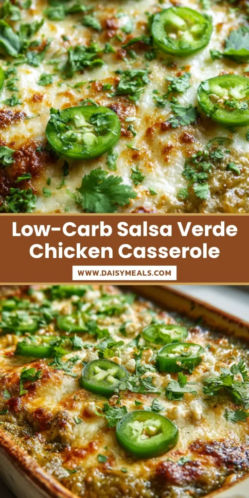 A top-down view of a freshly baked Salsa Verde Chicken Casserole in a baking dish, showing the bubbly golden cheese, cilantro, and jalapeños.