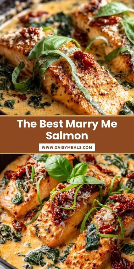 An overhead shot of a skillet of creamy Marry Me Salmon, with golden-crusted fillets, sun-dried tomatoes, spinach, and a rich sauce, ready to be served.