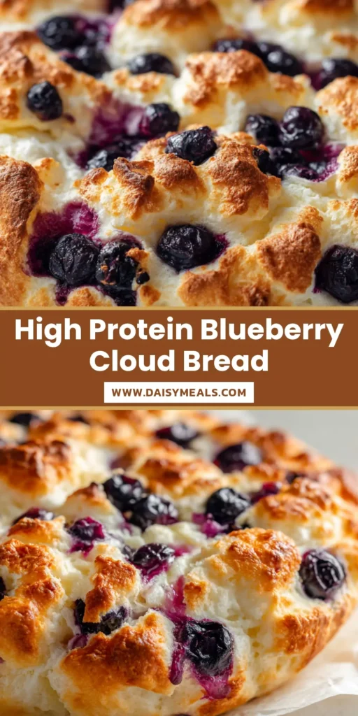 A round loaf of blueberry cottage cheese cloud bread on parchment paper, ready to be shared on Pinterest.