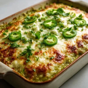 A close-up shot of the Salsa Verde Chicken Casserole, focusing on the melted, bubbly Monterey Jack cheese with charred, crispy edges and fresh cilantro.