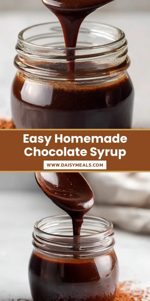 A close-up overhead shot of thick, glossy homemade chocolate syrup in a clear glass jar with a silver spoon resting inside. A dusting of cocoa powder is visible.