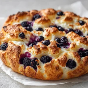 A close-up shot of the golden-brown crust of a freshly baked blueberry cottage cheese cloud bread, showing the meringue-like texture and burst blueberry juices.