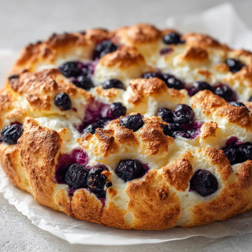 A close-up shot of the golden-brown crust of a freshly baked blueberry cottage cheese cloud bread, showing the meringue-like texture and burst blueberry juices.