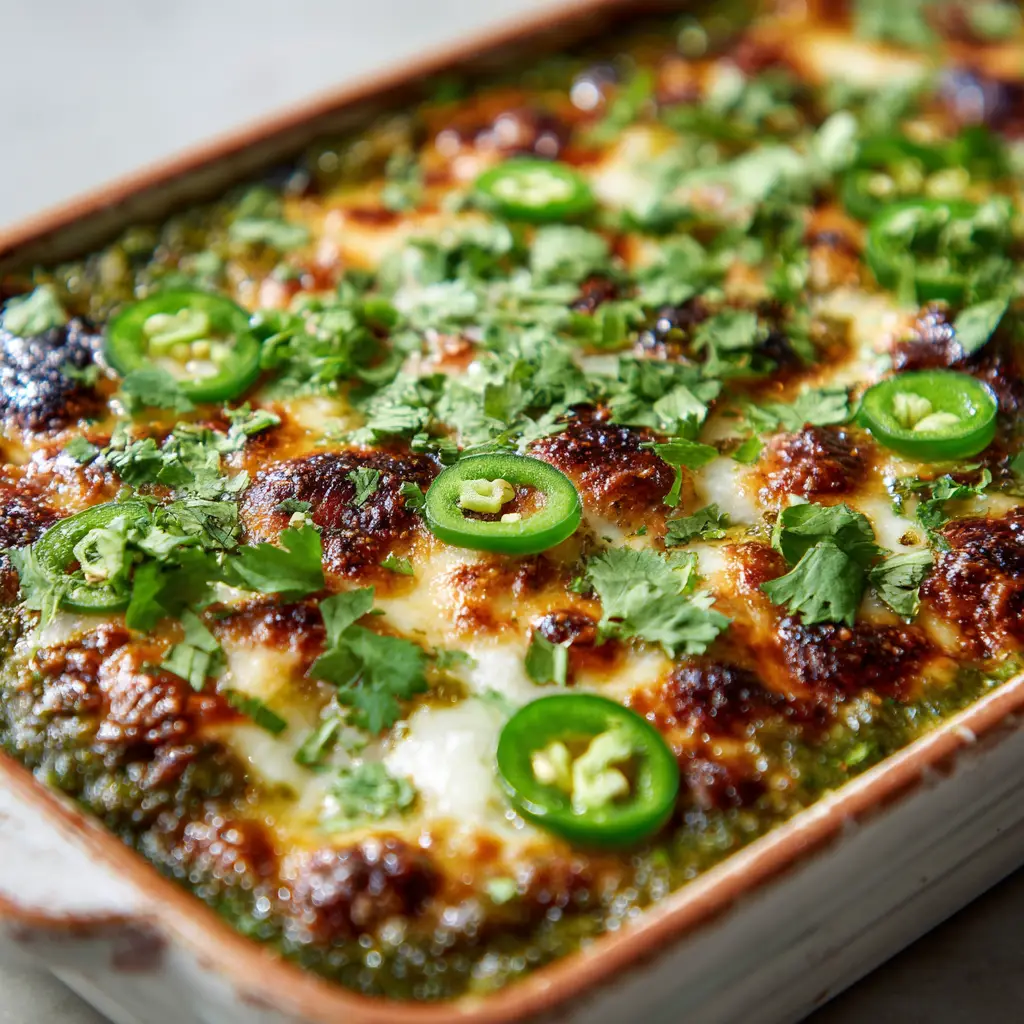 A side-angle view of the Salsa Verde Chicken Casserole in its rustic ceramic baking dish, with salsa bubbling at the edges under melted cheese.