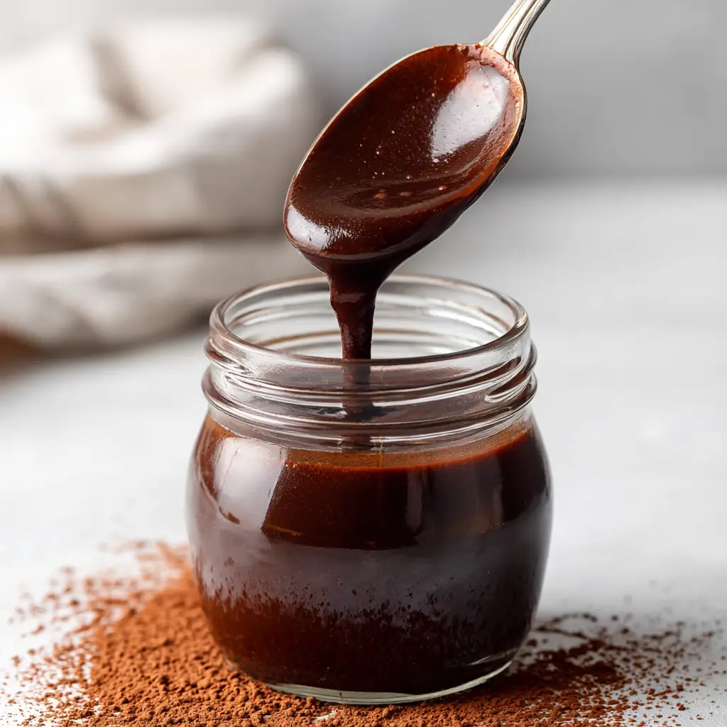 A silver spoon pouring thick, glossy homemade chocolate syrup into a clear glass mason jar, showcasing its smooth, velvety texture. (Homemade Chocolate Syrup)
