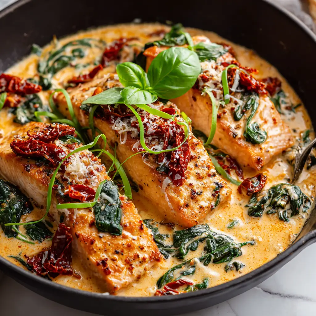 A cast iron skillet from the side, showing thick salmon fillets nestled in a rich sauce topped with fresh basil and parmesan.